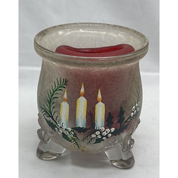 Heavy Crystal Frosted Glass Candle Holder 3-Footed Christmas Holiday Decor - Picture 1 of 11